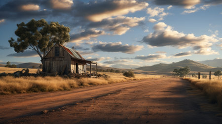 a shack in the desert, reminiscent of australian landscapes, stands before the radiant sun. this 32k uhd photograph captures the essence of photo-realistic and dreamy landscapes. with a touch of rural america, the delicately rendered and texture-rich scenery transports you to a captivating world. ai generatedの素材