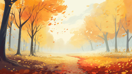 a stunning landscape art image featuring vibrant autumn leaves and paths, reminiscent of graphic novel inspired illustrations. the artwork showcases a beautiful blend of light orange hues, capturing the breathtaking beauty of the season. with elegant brushstrokes and a smokey background, this illustration exudes a sense of enchantment. perfect for 2d game art or anyone who appreciates artistic mastery. ai generatedの素材