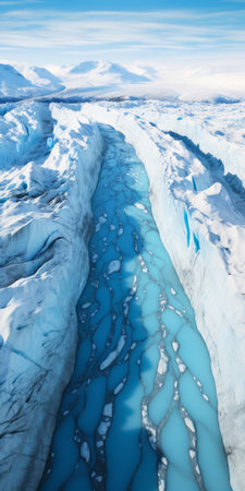 a stunning 3d landscape concept image showcases the mesmerizing sight of blue water gracefully flowing through a glacier. this image, inspired by the zeiss batis 18mm f28 lens, features painterly lines and captures the essence of a national geographic photo. with its 8k resolution, it beautifully portrays the serene snow scenes, enhanced by atmospheric color washes and expert post-processing techniques. ai generatedの素材