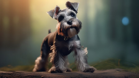 a miniature schnauzer breed dog posing for a photorealistic full body portrait. the dog gazes directly at the viewer, capturing their attention. the background is beautifully lit, enhancing the dog's features. this stunning image was captured by a renowned national geographic award-winning photographer using a sony alpha a9 ii camera and a sony fe 600mm f4 g master oss lens. ai generatedの素材