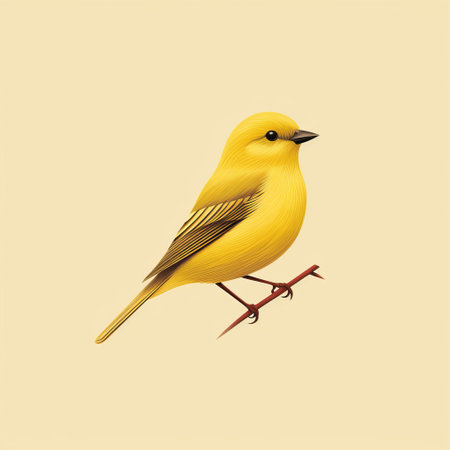 a yellow bird perched on a twig against a light, beige background. this hyperrealistic illustration showcases the bird's vibrant colors and intricate details. the flat, monochromatic minimalist style adds a touch of simplicity to the artwork, while the high resolution captures every fine line and feather. ai generatedの素材