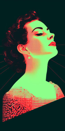 a minimalist portrait of a 1800s starlet sunbathing, featuring a light faded orthonormal coordinate system of 8-bit dots and colors. the artwork is set against a vanished light lithography background with light halftone dots. the composition exudes an ever-moving anaglyphic kaleidoscopic aesthetic, creating a minimal psychedelic art piece with an art deco influence. ai generatedの素材