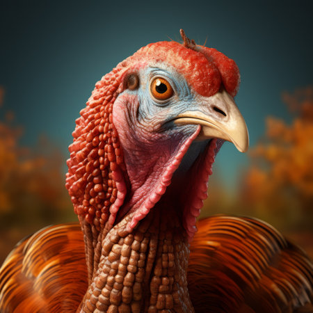 the bird's face is adorned with vibrant autumn leaves, showcasing a stunning blend of nature and artistry. this hyperrealistic animal portrait, created using vray tracing and rendered in unreal engine, captures the essence of rural america. the comical caricature style adds a touch of whimsy to this explosive wildlife scene, reminiscent of germanic art. ai generatedの素材