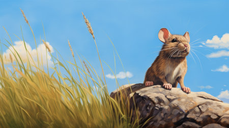 a brown mouse is captured in a richly detailed genre painting, set against a backdrop of lush green grass and a vibrant blue sky. this charmingly realistic image, rendered in 8k resolution, evokes the spirit of american scene painting. the spiky mounds of grass add depth and texture to the scene, while the 3840x2160 resolution ensures stunning clarity. the mouse's presence adds a touch ofの素材