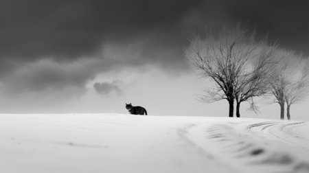 snowy landscapes under a threatening sky, characterized by dark white and dark gray tones, showcase a stark minimalism. this photo captures quiet moments in a style reminiscent of characterful animal portraits. playing with light and shadow, it exudes a unique aesthetic known as catcore, where the beauty lies in the simplicity of the scene. ai generatedの素材