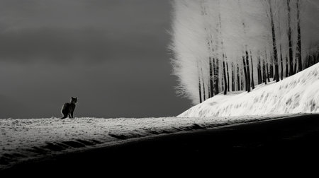 elderly man walking down a road with distant trees in a black and white photograph. surrealistic fantasy landscapes, snow scenes, and 8k resolution enhance the visual appeal. the photo captures the essence of a multi-layered narrative scene, reminiscent of italian landscapes. a perfect blend of color photography and wildlife photography. ai generatedの素材