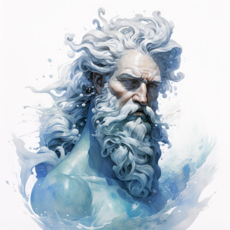 the photo showcases the head of a man with a blue body, featuring a unique fusion of water and land elements. the man has a distinct hairstyle and beard, adding to the ethereal fantasy vibe. the color palette consists of white and gray, reminiscent of realistic marine paintings. the image also hints at graceful sculptures and 2d game art, all presented on a monumental scale.の素材