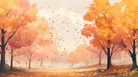 an autumn landscape painting featuring faux arbres yolu, characterized by detailed character illustrations. the artwork is presented in 8k resolution, showcasing soft gradients and romantic illustrations. the color palette predominantly consists of light orange hues, enhancing the romantic atmosphere. the flowing brushwork adds a sense of movement and depth to the illustration. ai generatedの素材