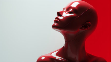 a high-definition 3d image showcases a striking red human face adorned with a vibrant red wig and shoulders. this futuristic glam style incorporates monochromatic color schemes, hyper-realistic oil effects, luminous reflections, and robotic motifs. the design exudes a sense of womancore with its clean lines and pure forms. ai generatedの素材