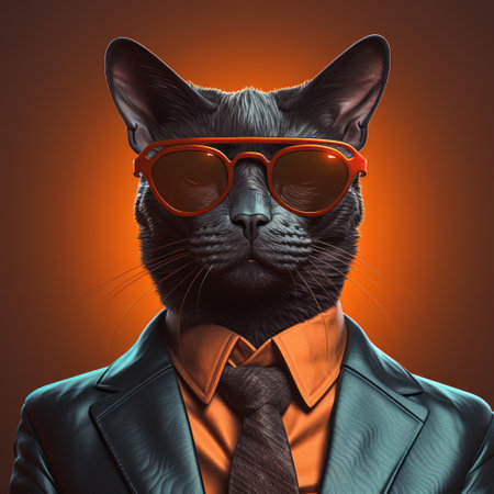 a cat in a blue suit wearing sunglasses, captured in a photorealistic surrealism style. the editorial illustration showcases a blend of dark orange and light black tones, creating a visually striking image. with influences from corporate punk and created using zbrush, the artwork features saturated color schemes and a play of contrasting lights and darks. ai generatedの素材