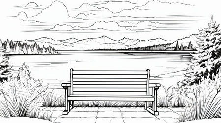 a black and white line art graphic of an underwater scene at lake george. the design features thick lines, ample white space, and a coloring book style. created using vector art, this design is perfect for a t-shirt. the final design is isolated on a white background. ai generatedの素材