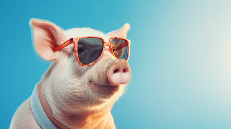 a pig wearing sunglasses stands out against a vibrant blue background. the retro filters add a unique touch to this image, showcasing innovative techniques. the high resolution of 8k brings out the details, while the colors, inspired by joel robison's style, blend light beige and orange. the post-processing gives the photo a raw and edgy feel. ai generatedの素材