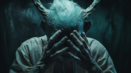 the photo features a turquoise old creature in shock, with hands on top of its head. the image is in the style of hyper-realistic sci-fi, created by alessio albi using bryce 3d software. the photo has minimal retouching, giving it a grainy and tenebrous appearance. the bold and dynamic lines add to the overall impact of the image, which is the work of andrew ferez.の素材