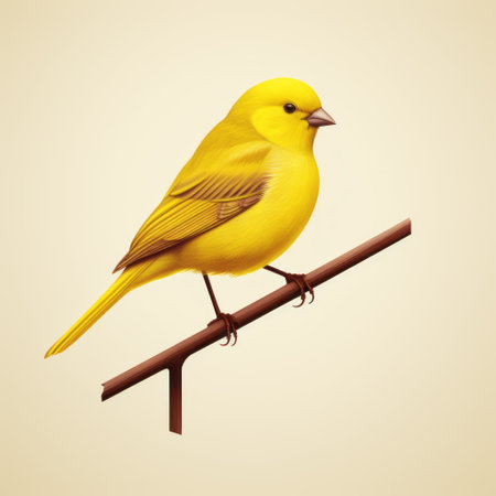 a yellow bird perches on a branch in a realistic, detailed rendering. the bird stands out against a white background, showcasing its vibrant yellow feathers. the use of light yellow and light magenta adds depth to the image, while the sparse color palette emphasizes the bird's presence. this photo captures the beauty of nature with realistic attention to detail and skillful use of light andの素材