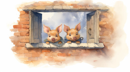two pigs, depicted in a cartoony style, emerge from a window in this watercolor painting. the illustration captures the essence of historical illustrations found in children's books, with a realistic attention to detail. the image showcases dusty piles and is available in ultra-high definition (uhd). ai generatedの素材