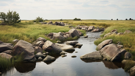 a photo capturing rivers shaped by mountains, reminiscent of the danish golden age style. the image evokes a sense of pastoral nostalgia, with hints of arkhyp kuindzhi's work and dutch marine scenes. the use of the rodenstock imagon 300mm f58 lens creates a silver and pink color palette, enhancing the sensitivity to the natural world. ai generatedの素材