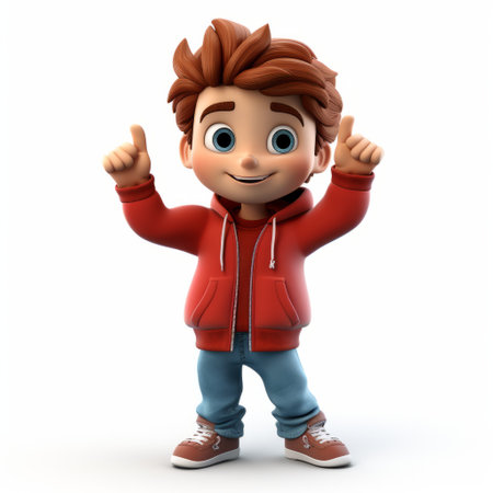 a cartoonish character design of a man wearing a red shirt and red jacket, giving a thumbs up. the image showcases a kidcore style with shiny eyes and photorealistic rendering. the vibrant colors and hard surface modeling add to the overall appeal of this colorful and lively illustration. ai generatedの素材