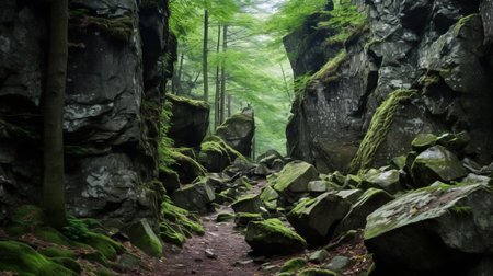 the green mountains trail near rostock in the german saxony is captured in this national geographic photo. the image, inspired by the style of anton semenov and asher brown durand, showcases a passage through a landscape of dark, white, and green stones. this stunning photograph beautifully captures the essence of the trail's natural beauty. ai generatedの素材