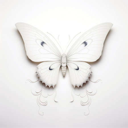 white and black paper butterfly art, rendered in cinema4d, showcases a victorian-inspired style with influences from ancient chinese art. the detailed character illustrations feature free-flowing lines and hyper-realistic animal depictions. set against a light-colored background, the butterfly stands out with its intricate design, while the white background enhances its beauty. ai generatedの素材