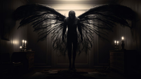a haunting wallpaper featuring a shadow, reminiscent of a day after death. this unique design combines elements of feathers and realistic renderings of the human form, creating an eerie and supernatural atmosphere. the 8k resolution allows for stunning detail, showcasing the intricate character design. perfect for fans of horror films and those seeking an angelic yet unsettling photograph. ai generatedの素材