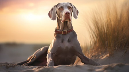 a stunning weimaraner breed dog poses for a photorealistic full body portrait, captivating the viewer with its intense gaze. the award-winning national geographic photographer skillfully captures the moment against a beautiful light background. this remarkable image is captured using the exceptional sony alpha a9 ii camera and the powerful sony fe 600mm f4 g master oss lens. ai generatedの素材