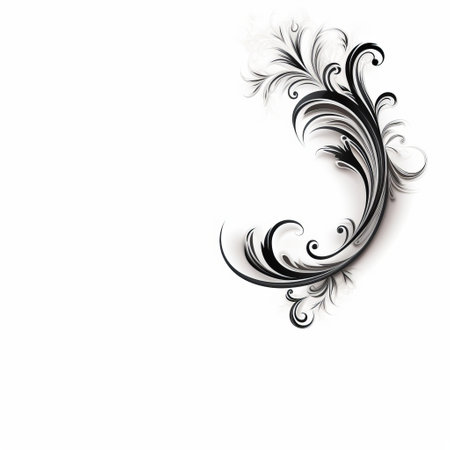 a black and white swirl of flowers on a white surface, showcasing gothic ornamentation with graceful curves and detailed feather rendering. the photo captures the essence of rococo ornamentation, exuding transparency and lightness. the matte finish enhances the intricate arabesque scroll design, creating a captivating visual composition. ai generatedの素材