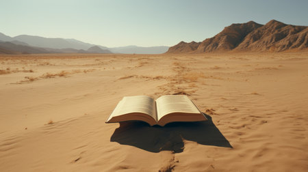 open bible in the desert with palm: a thought-provoking, science fiction-inspired image by elsa bleda. this text-heavy, sculpted photograph captures a desolate landscape, merging the themes of race and spirituality. the open bible stands as a commentary on these subjects, set against the backdrop of a palm tree, creating a captivating and visually striking composition. ai generatedの素材