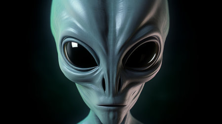 a blue alien, depicted in a 3d illustration, gazes directly at the viewer. the artwork showcases a dark gray and green color scheme, with hidden meanings embedded within the portrait. the image is rendered with a shallow depth of field, giving it a rounded appearance. this creative commons attribution piece is inspired by the years 1970 to the present, and features the use of rtxの素材