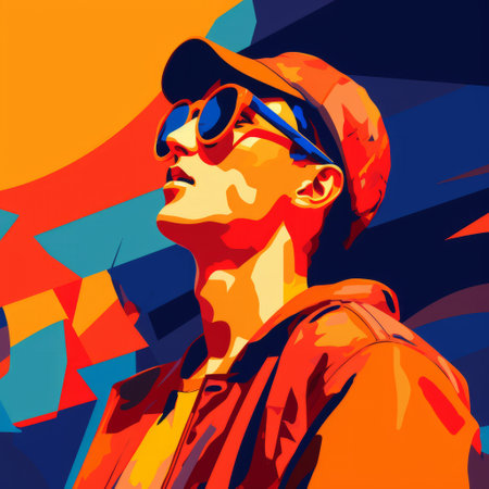 a man wearing sunglasses stands in a vibrant, abstract art scene. the painting showcases the influence of young british artists (ybas) with its painterly style and detailed portraiture. the use of orange and indigo color gradients creates a saturated palette, while the low-angle perspective adds depth to the composition. ai generatedの素材