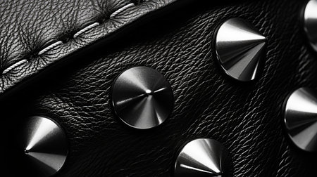 studded leather jacket, tc flora m, featuring sharp and edgy compositions with an ominous vibe. this photo showcases the liquid metal effect and metallic finishes of the jacket. shot on 70mm, the image captures the industrial precision of the design. ai generatedの素材