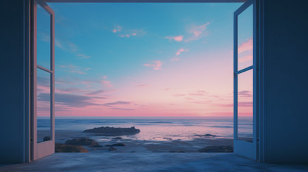 open window with a breathtaking water view, showcasing the stunning beauty of seaside scenes. this captivating image, rendered in the style of unreal engine 5, features soft pastel skies in shades of pink and blue. immerse yourself in the tranquil ambiance of ocean academia and embrace the cozy cabincore vibes. ai generatedの素材
