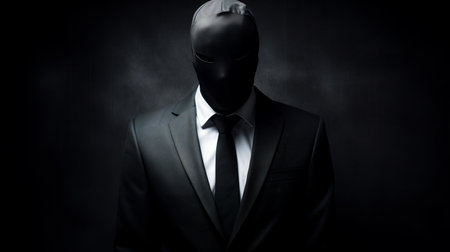 3d man wearing a dark suit and a large mask, posing against a mysterious backdrop. the image features orderly arrangements, aestheticized violence, and strong use of negative space. the sharp focus and bold black and white tones add to the intriguingly taboo atmosphere. ai generatedの素材