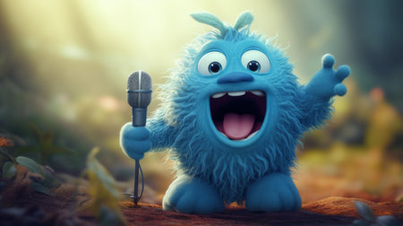 the photo features a playful caricature of tyler bing with a cartoony voice, standing in a forest. rendered in cinema4d, the character is depicted in a light blue hue, creating a vibrant and eye-catching effect. the macro photography captures intricate details of the scene, showcasing the manticore-inspired elements. this captivating image is a contest winner by the talented artist, andy fairhurst. ai generatedの素材