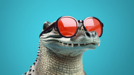 a close-up photo of a hipster-like crocodile wearing sunglasses, rendered in cinema4d using photo-realistic techniques by thomas wrede. the image showcases the crocodile's stylish appearance, with softbox lighting enhancing its realistic rendering. the vibrant colors of cyan and crimson add a visually striking element to the overall composition. ai generatedの素材