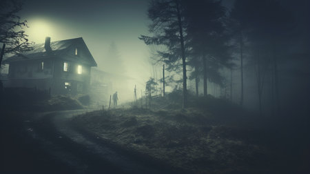 a creepy old photograph of an evil vampire lurking in the basement of a huge house in a misty, eerie forest. the night portrait captures the desolate and dirty atmosphere, with dramatic fog adding to the cinematic feel. the image, shot on 70mm, showcases intricate and incredibly detailed elements, while the ethereal light creates a haunting ambiance. ai generatedの素材