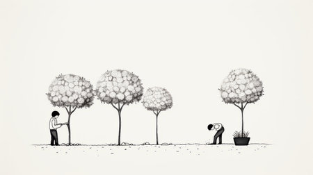 a whimsical cartoon-style digital illustration by mary moody depicting the relationship between planting and a person searching for their own patch of tree. created for mr. j, this intricate black and white artwork features playful animation, vignetting, and a minimalistic composition. the large canvas format showcases the artist's skill in creating a captivating and whimsical scene. ai generatedの素材