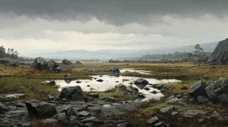 a large canvas depicting a post-apocalyptic landscape with rocks and water, inspired by traditional british landscapes, prairiecore, and scottish landscapes. the artwork showcases landscape mastery and utilizes physically based rendering techniques, creating a visually stunning portrayal reminiscent of the terragen software. ai generatedの素材