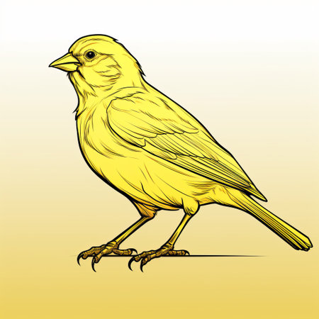a yellow bird is depicted in this highly detailed illustration on a yellow background. the style of the artwork combines elements of realism, trace monotone, colored cartoon style, golden age illustrations, and graphic black outlines. the bird is rendered in shades of dark yellow and light magenta, creating a visually striking image. ai generatedの素材
