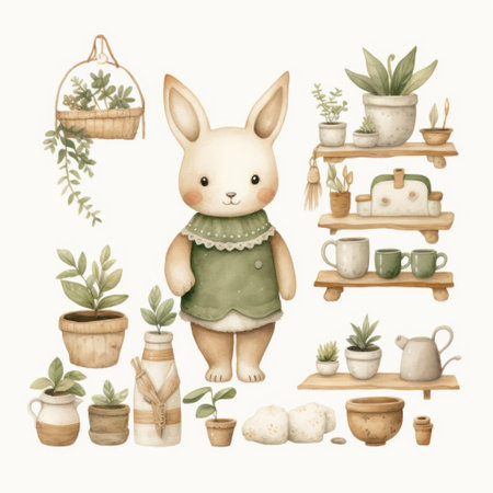 the illustration features a charming watercolor-style depiction of a rabbit surrounded by flowers on a shelf. the color palette predominantly consists of soothing green and beige tones, evoking a natural and earthy feel. the handcrafted objects add a touch of authenticity to the scene. the detailed character illustrations showcase the artist's skill and attention to detail. this illustration is perfect for murals and wall drawings.の素材