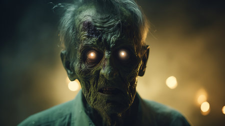 an old zombie with big glowing eyes stands next to candles, showcasing the photo-realistic techniques of vray tracing. the green and bronze color scheme adds to the intense close-up captured through macro photography. this image embodies the unique style of marcin sobas and exudes a distinct grandparentcore aesthetic. ai generatedの素材