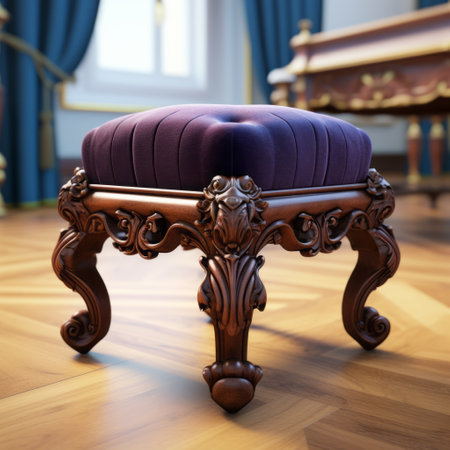 vintage purple 3d chair and ottoman, perfect for modern homes, featuring classical architectural details. this uhd image showcases intricate woodwork, baroque animals, and a stunning combination of dark blue and brown hues. the carving adds an extra touch of elegance to this piece, while the shallow depth of field enhances its visual appeal. ai generatedの素材