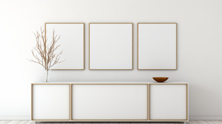 framed pictures and flowers adorn a white side table, set against an empty wall. this minimalist stage design features a golden palette, drawing inspiration from japanese contemporary art. the illusion of three-dimensionality is achieved through large canvases, creating a precise simplicity reminiscent of kitchen still life compositions. ai generatedの素材