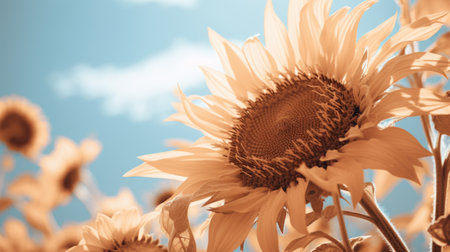 close-up of stunning flowers with a vintage-inspired, monochromatic imagery. the light brown and sky-blue tones create a mesmerizing effect, enhanced by solarization. the detailed skies add depth to this 32k uhd photograph, showcasing the sheer beauty of nature. ai generatedの素材