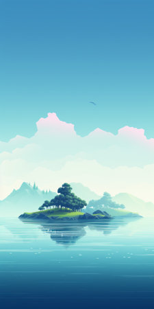a serene landscape featuring a picturesque island nestled amidst soft gradients. this nature painting showcases a whimsical wilderness with a cabincore aesthetic. the atmospheric perspective creates a tranquil atmosphere, with light sky-blue hues blending seamlessly with the lush dark green surroundings. this uhd image captures the beauty of nature in a captivating and enchanting way. ai generatedの素材