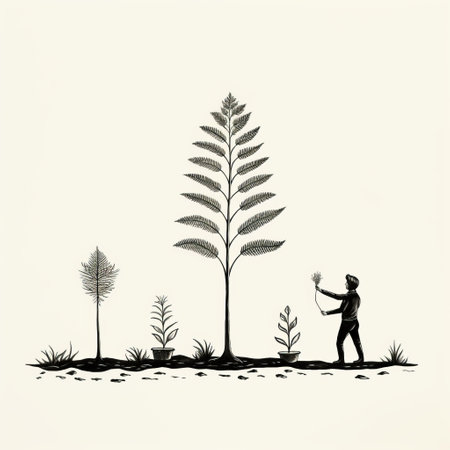 black and white artwork by petros afshar showcasing males tending to a tree. this detailed botanic study is created in a simplistic vector art style, reminiscent of indian scenes. the piece captures the essence of nature, drawing inspiration from adi granov's work and evoking a naive and childlike art aesthetic. ai generatedの素材
