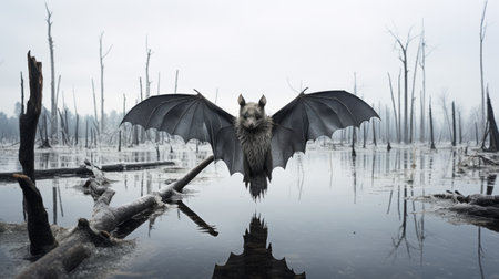 a bat gracefully soars above a haunting flood of lifeless trees, captured in a mesmerizing hyperrealistic style. this analog photograph showcases intricate character design, reflecting the meticulous attention to detail in the costumes. the norwegian nature serves as a captivating backdrop, while the inclusion of geometric animal figures adds an intriguing artistic touch. ai generatedの素材