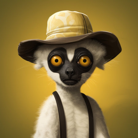 a cartoon indri primate wearing a yellow shirt and a white hat is depicted in a front pose. with its long neck, the primate stands out, and one eye is humorously protruding from its neck. the white background enhances the focus on the unique character. ai generatedの素材