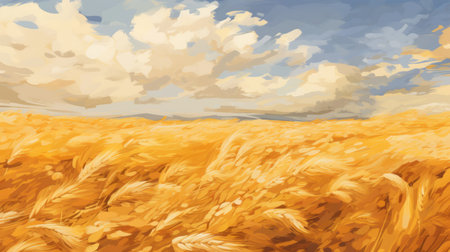 an atmospheric oil painting capturing a wheat field with tall grass, reminiscent of simplistic vector art. the colorful turbulence of the golden palette adds depth to the 3840x2160 artwork. the illustration showcases atmospheric clouds, creating a captivating graphic illustration. ai generatedの素材