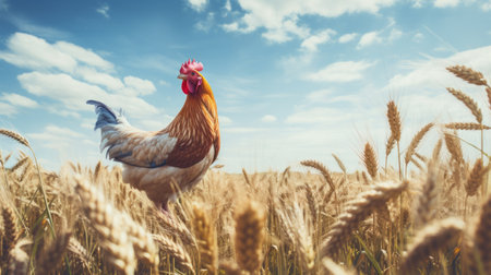 a rooster stands proudly amidst a golden wheat field, capturing the essence of farm life. the photograph showcases the aesthetics of the farm security administration, with influences from villagecore, cross processing, and precisionism. it beautifully depicts animals in a narrative-driven visual storytelling style, enhanced by explosive pigmentation. ai generatedの素材