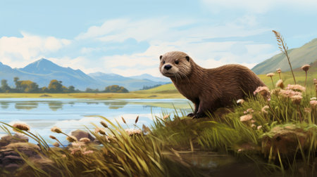 otters prepare for their summer holiday in this scientific illustration by rtx on and raphael lacoste. the artwork showcases naturalistic depictions of flora and fauna, commissioned by isaac levitan. the otters are seen saddling up, ready to embark on their vacation. ai generatedの素材